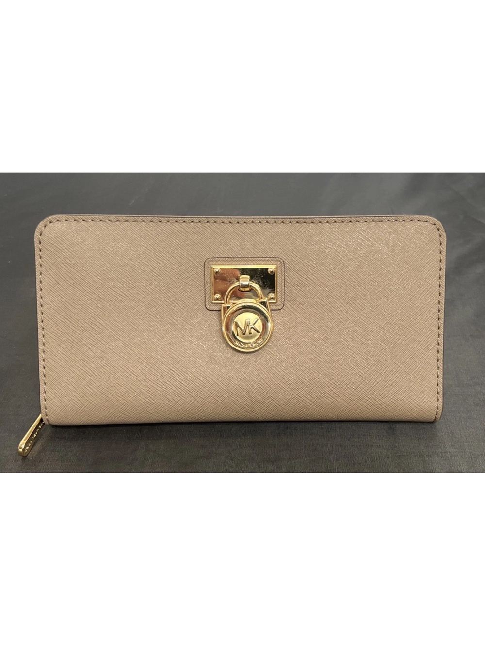 Michael Kors Taupe Saffiano Zip Wallet with Gold MK Charm